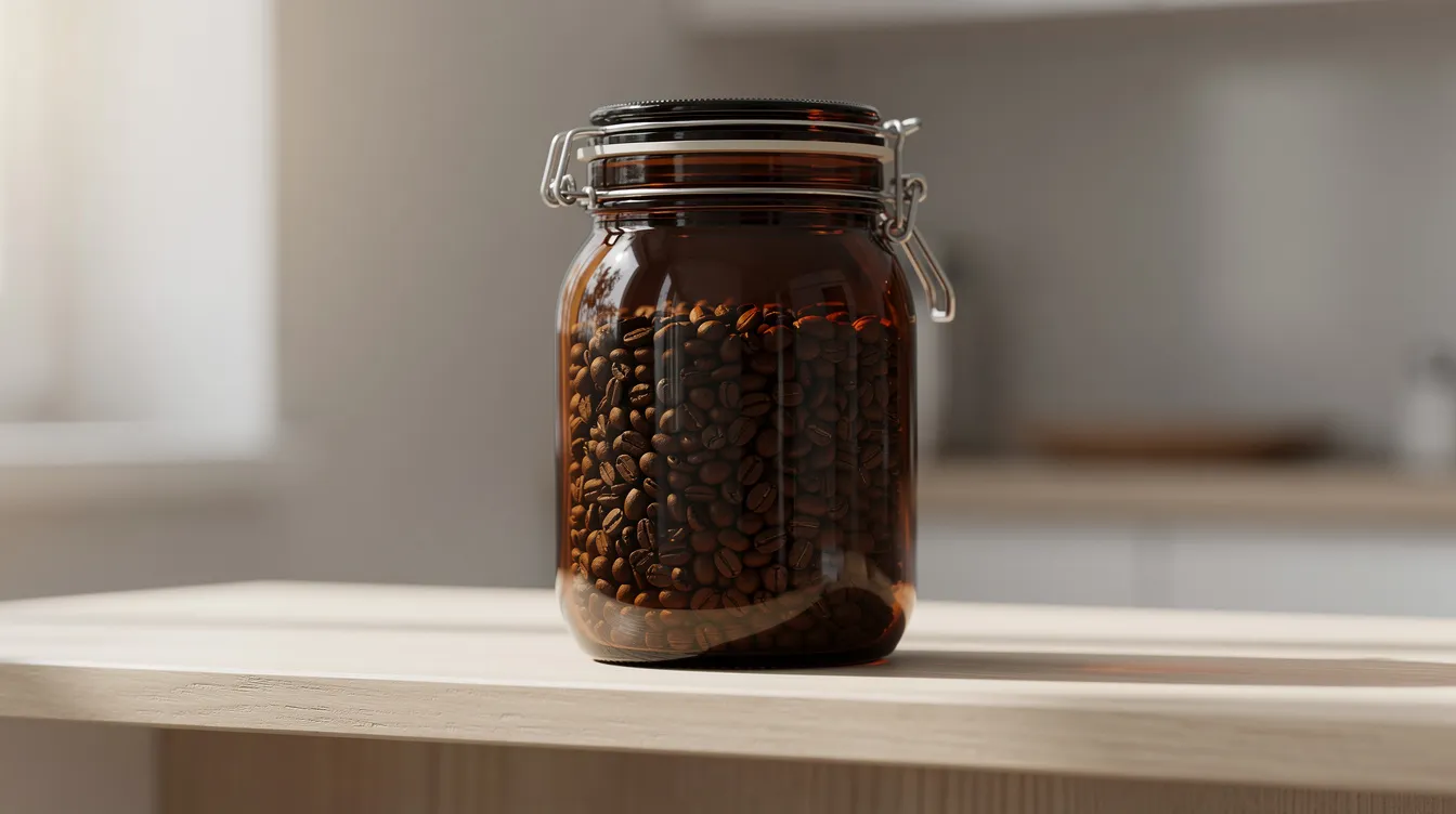 A dark glass jar filled with fresh coffee beans sits on a clean kitchen shelf, showcasing the medium roast variety. The sealed lid helps maintain the beans' freshness, making it an ideal storage choice for coffee enthusiasts seeking the perfect cup.