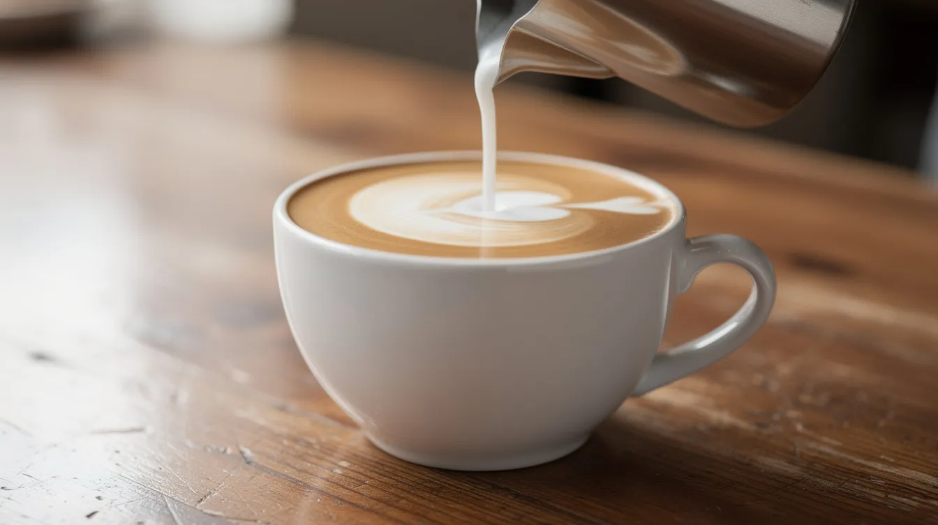 A close-up view shows steamed milk being poured gracefully into a ceramic latte cup, creating a beautiful latte art design, set against a rustic wooden counter. This scene captures the essence of crafting milk-based drinks, highlighting the smooth texture of the hot milk and the artistry involved in using an automatic espresso machine.