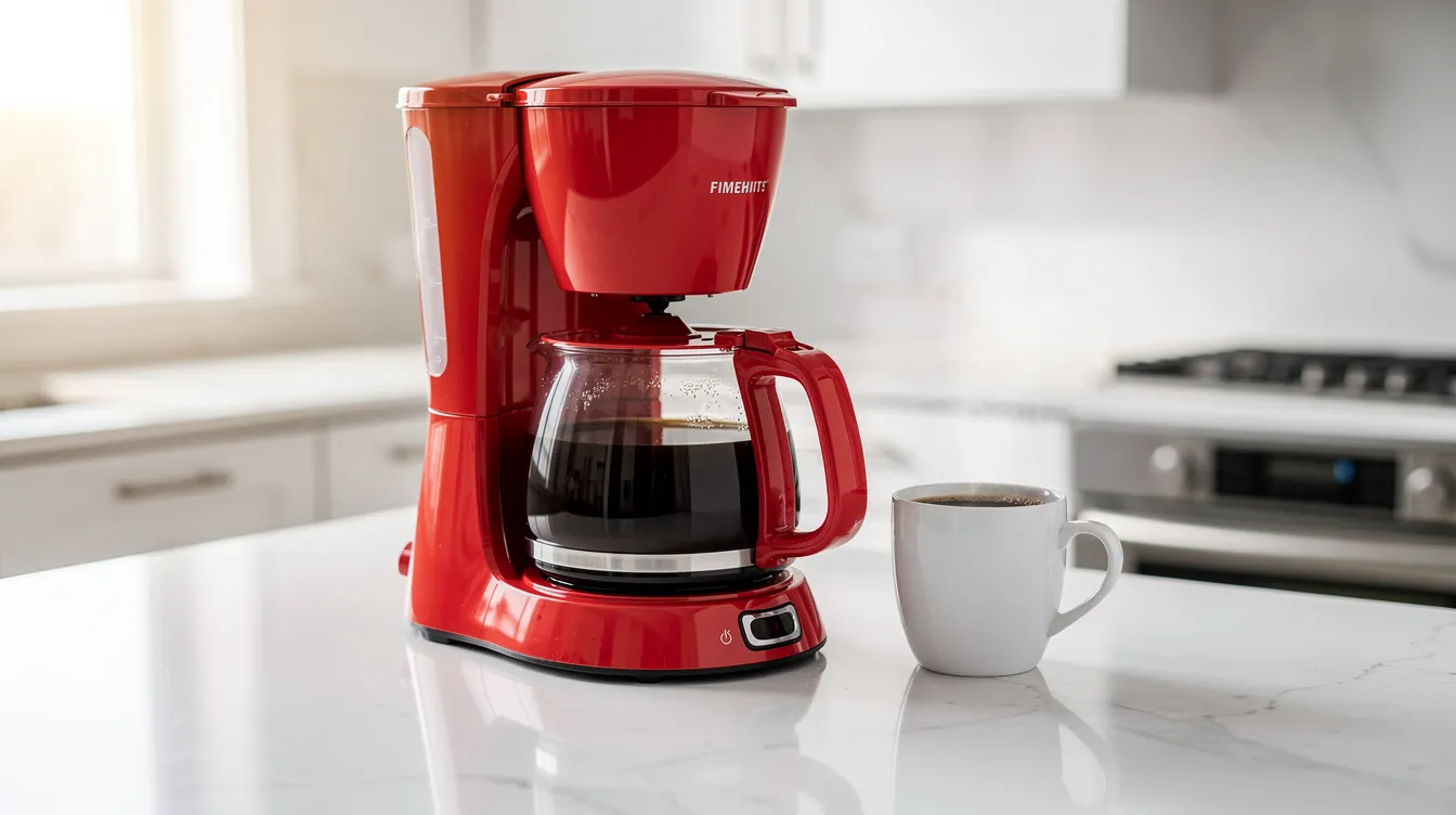A vibrant drip coffee maker sits on a spotless white kitchen counter, accompanied by a steaming mug of black coffee, highlighting the brewing process for coffee drinkers. This sleek appliance represents the best drip coffee maker options available, perfect for enjoying a rich cup of morning coffee.