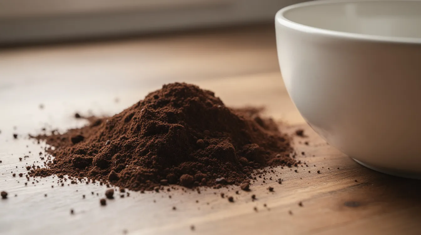 A close-up image shows coarse coffee grounds scattered next to a ceramic bowl, positioned on a wooden countertop, highlighting the texture and color of the grounds ideal for brewing methods like percolator coffee. This scene captures the essence of preparing a strong brew, perfect for coffee lovers looking to enhance their coffee percolator experience.