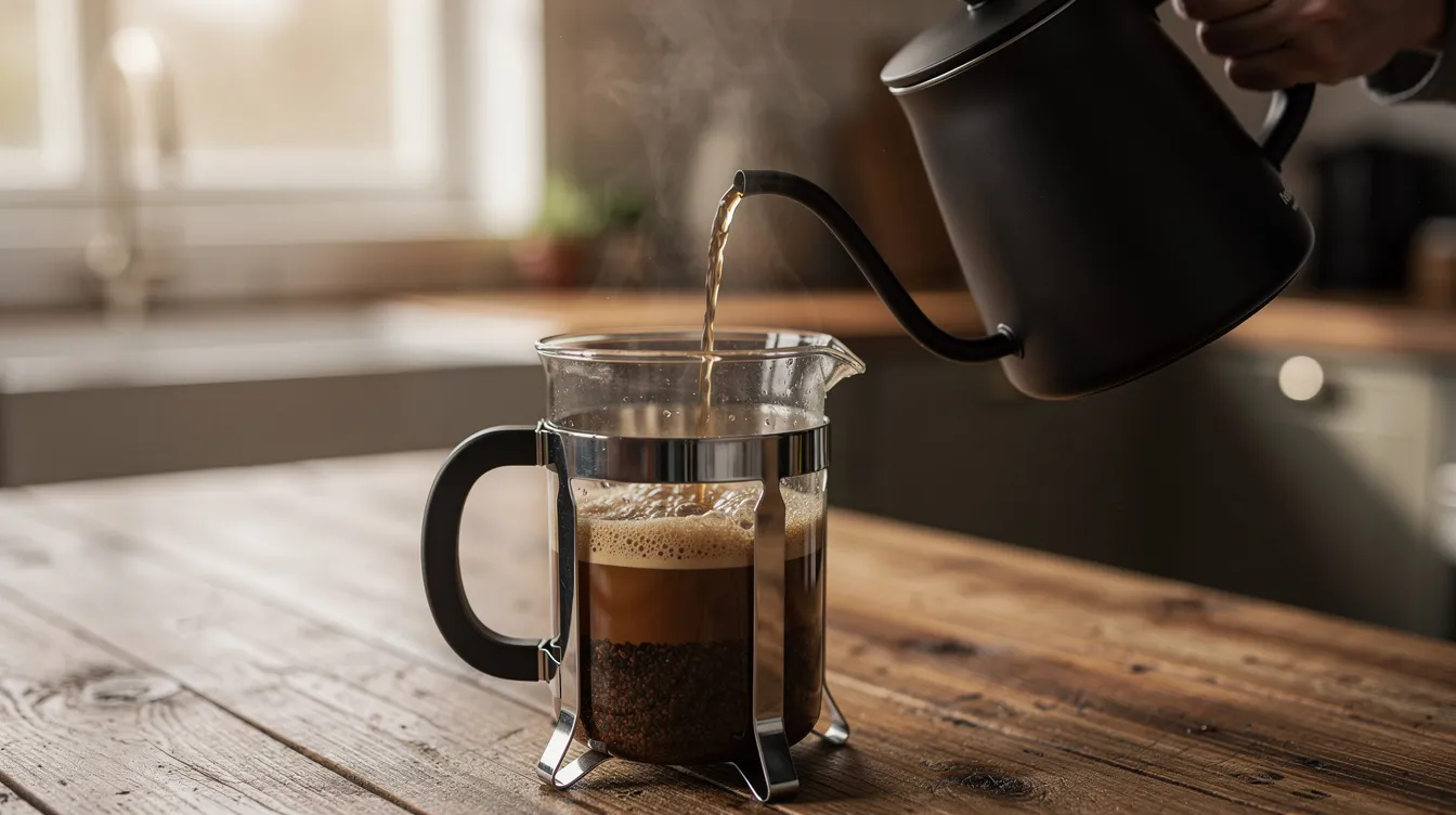 A person is pouring hot water from a gooseneck kettle into a glass French press filled with coarse coffee grounds on a wooden kitchen counter, preparing to brew a cup of coffee. The scene captures the essential steps in the French press coffee brewing method, highlighting the careful pouring and the equipment used for perfect extraction.