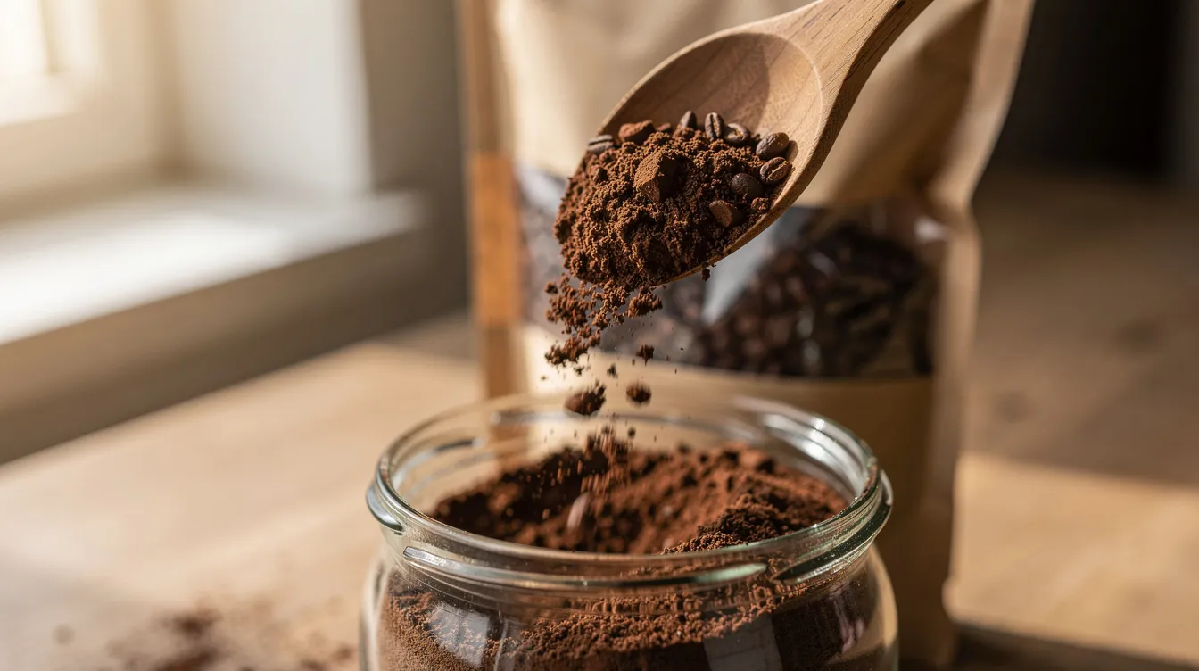 A wooden spoon is scooping coarsely ground coffee from a bag into a glass container, ideal for making cold brew coffee. The glass carafe sits on a kitchen counter, ready to hold the coffee concentrate for a refreshing iced coffee.