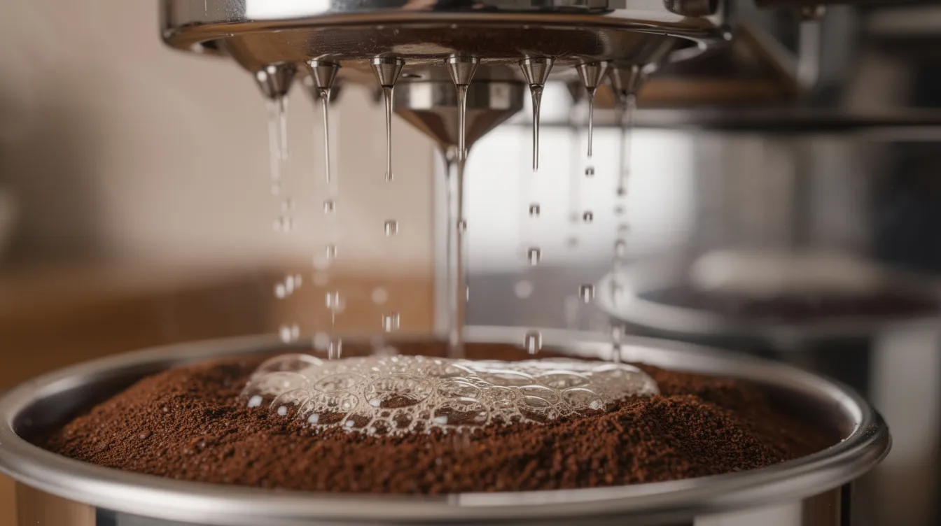 A close-up view captures water cascading from a shower head onto coffee grounds in a filter basket, illustrating the brewing process in a drip coffee maker. This image highlights the importance of water distribution for achieving great tasting coffee.