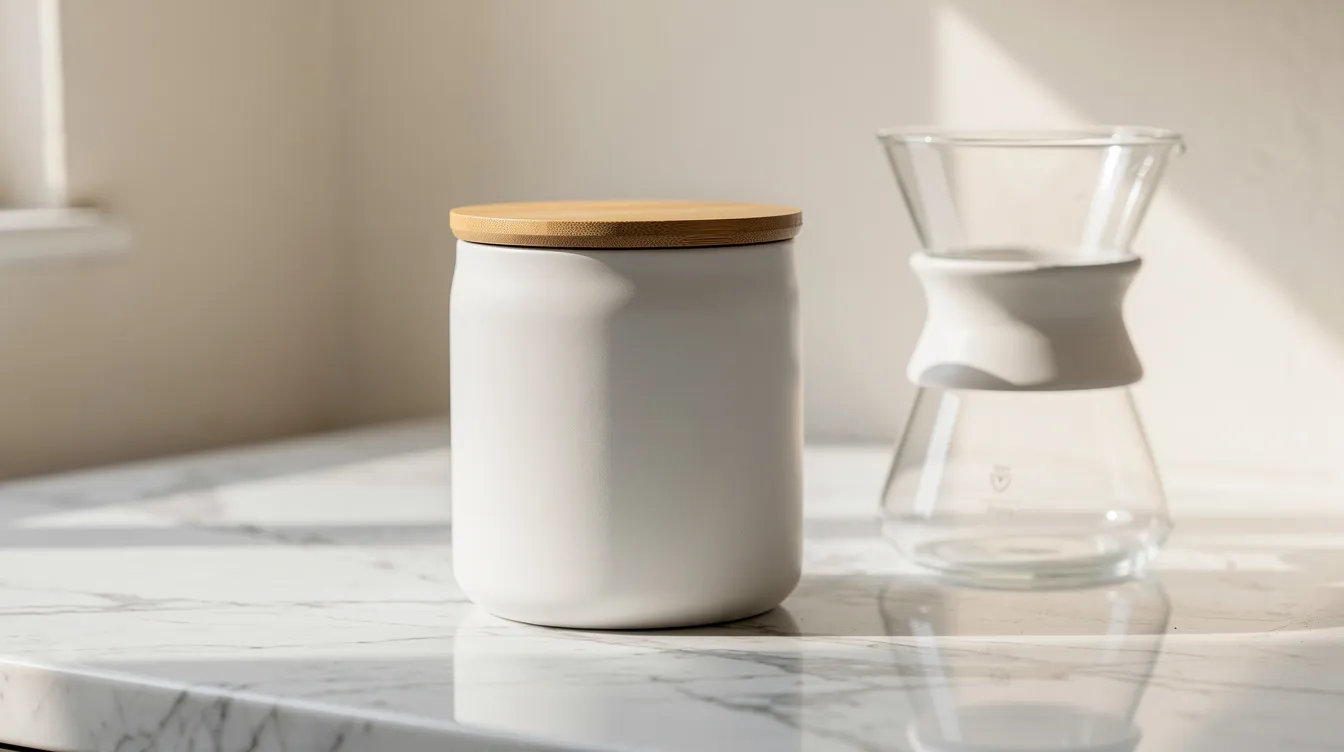 A minimalist white ceramic coffee canister with a bamboo lid sits next to a pour-over coffee dripper on a marble countertop, showcasing a sleek design ideal for storing coffee beans fresh. This stylish container provides an airtight seal to preserve the flavor and freshness of your coffee.