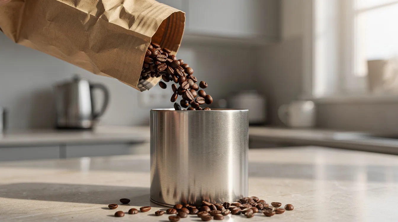 Whole coffee beans are being poured from a kraft paper bag into an open stainless steel canister on a kitchen counter, showcasing the importance of using the best coffee storage containers to preserve freshness and flavor. The sleek design of the airtight coffee canister ensures that the beans remain fresh and protected from air and light.