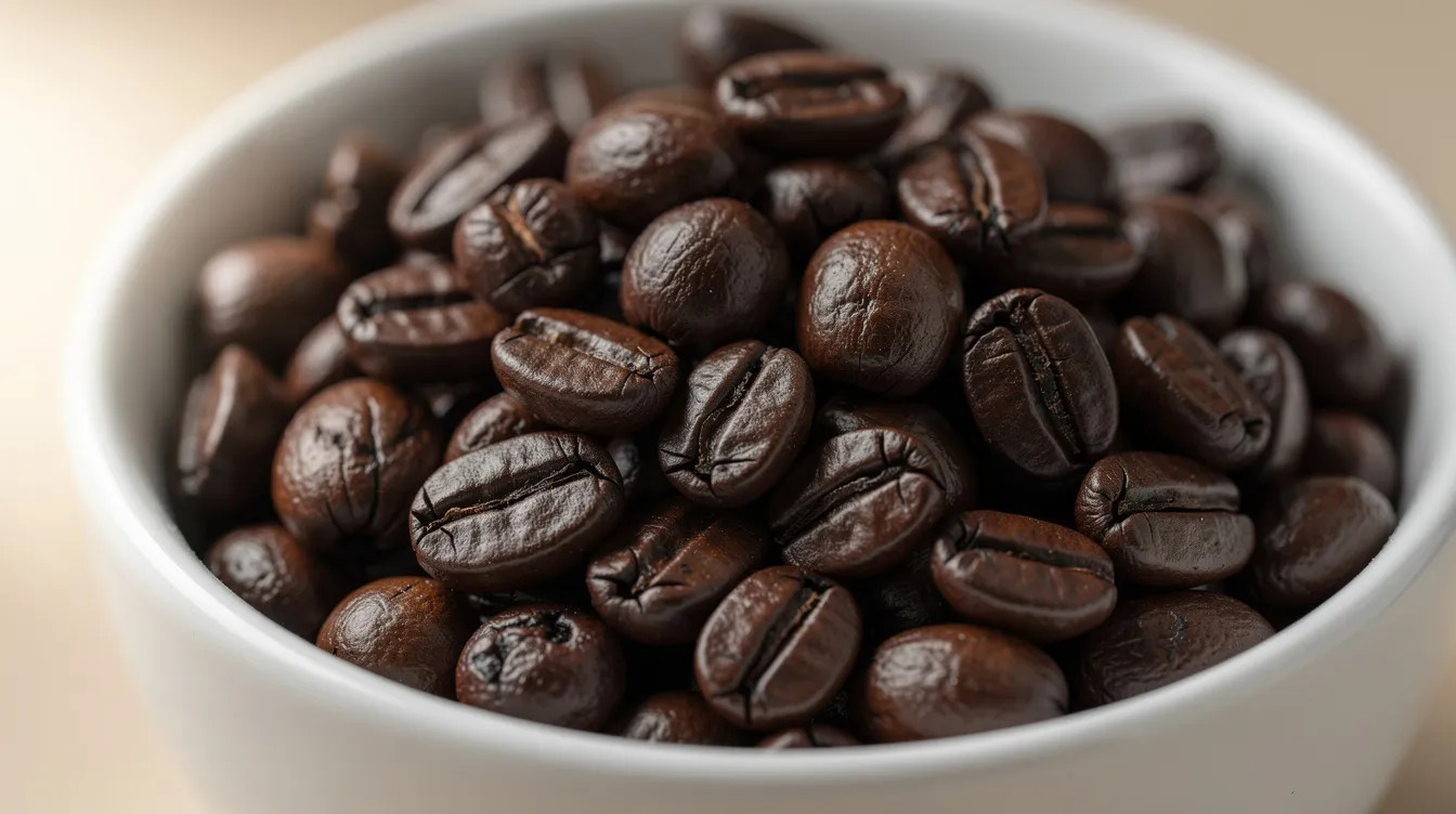 A close-up view of dark roast coffee beans in a ceramic bowl reveals their oily surface and deep brown color, highlighting the rich, bold flavor profile typical of quality dark roast coffee. The glossy appearance suggests a fresh roast, perfect for coffee enthusiasts seeking the best dark roast for their brewing methods.
