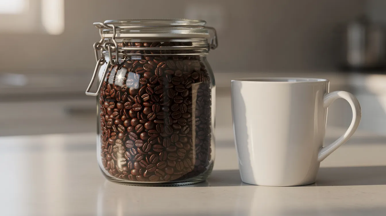 An airtight glass jar filled with whole roasted Indonesian coffee beans sits on a kitchen counter next to a ceramic mug, showcasing the rich, dark hues of the beans that hint at their complex flavor profile. This scene reflects the essence of specialty coffee, inviting the aroma of freshly roasted java coffee into the home.