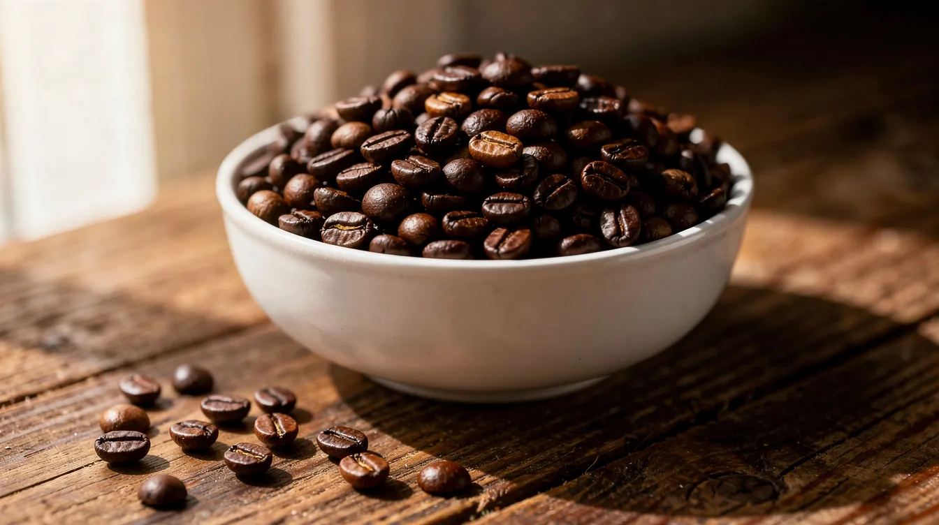 A ceramic bowl filled with freshly roasted medium-dark coffee beans sits on a wooden surface, showcasing their rich color and texture, perfect for brewing delicious coffee at home. The scene evokes the essence of the coffee-making process, highlighting the importance of quality beans in achieving good coffee.