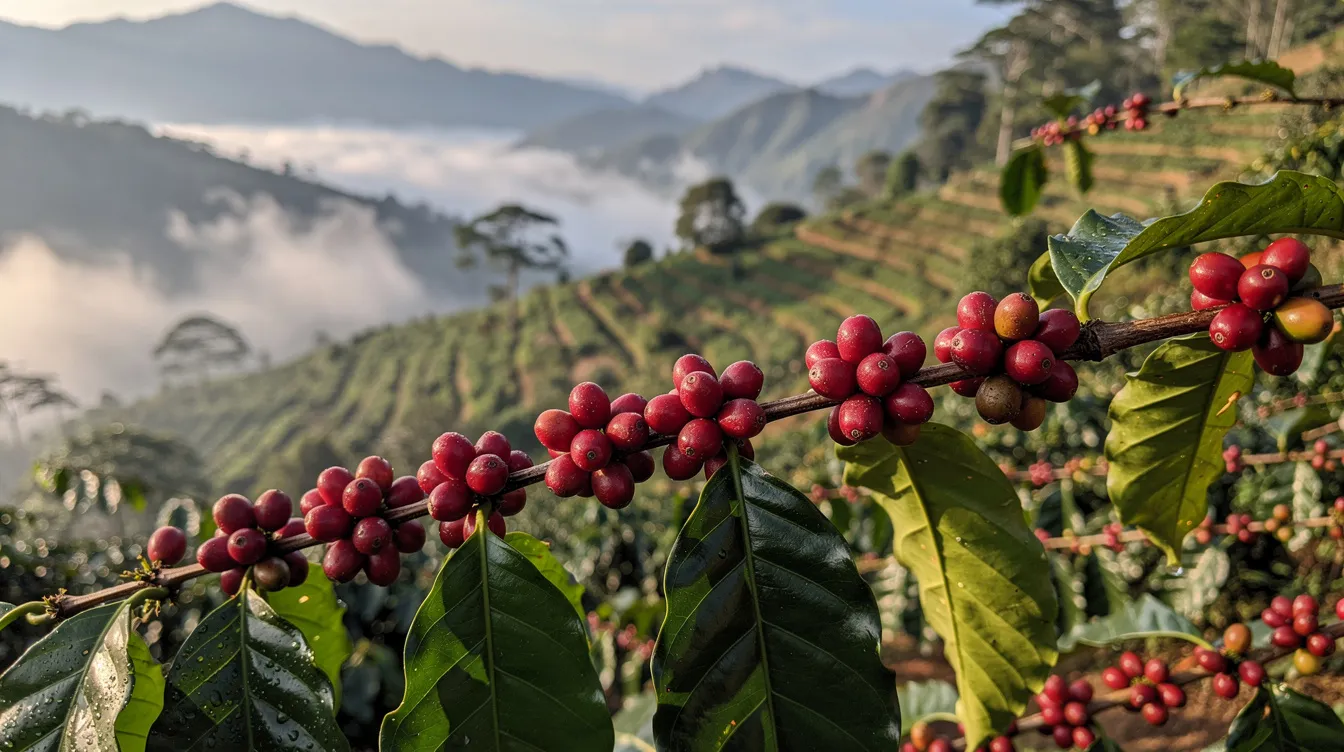 The image depicts ripe red coffee cherries clustered on a branch amidst vibrant green leaves, set against a backdrop of a mountainous coffee-growing region. This scene highlights the natural beauty of coffee farming and the journey of fresh beans towards becoming exceptional coffees enjoyed by coffee enthusiasts and drinkers alike.