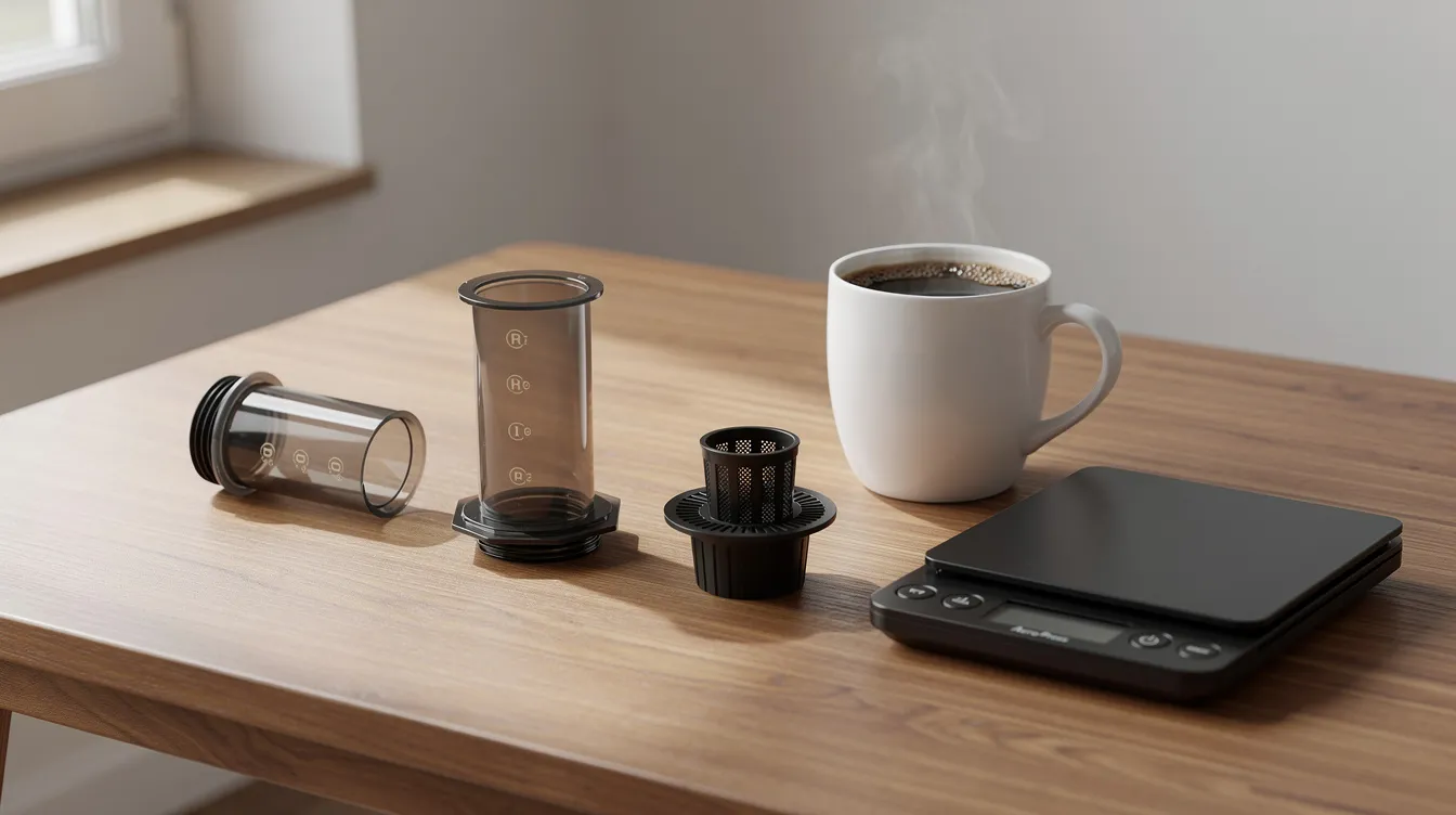 An AeroPress brewer is displayed on a table, with its three plastic parts separated next to a mug of freshly brewed coffee and a small digital scale. This compact manual coffee brewer is ideal for coffee enthusiasts looking to create a perfect cup using various brewing methods.