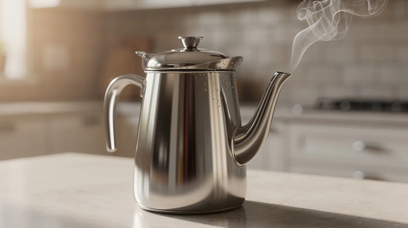 A stovetop percolator sits on a kitchen counter, with steam rising from its spout, indicating that it's brewing coffee. The stainless steel construction reflects light, and the brewing process promises a rich and intense percolated coffee taste.