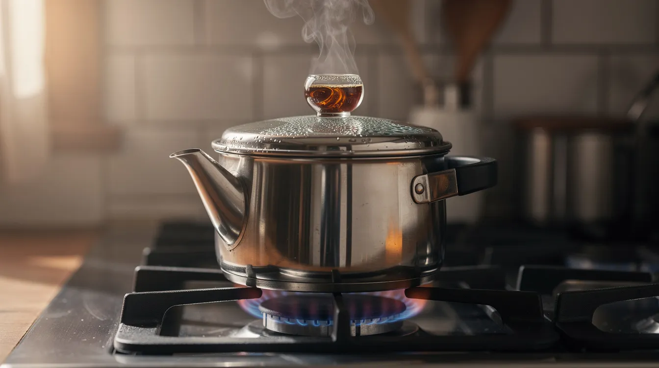 A stainless steel coffee percolator sits on a gas stovetop, with steam rising from its glass knob, indicating the brewing process of rich coffee. This stovetop coffee maker is designed for coffee drinkers who appreciate the traditional method of brewing coffee with coarsely ground coffee.