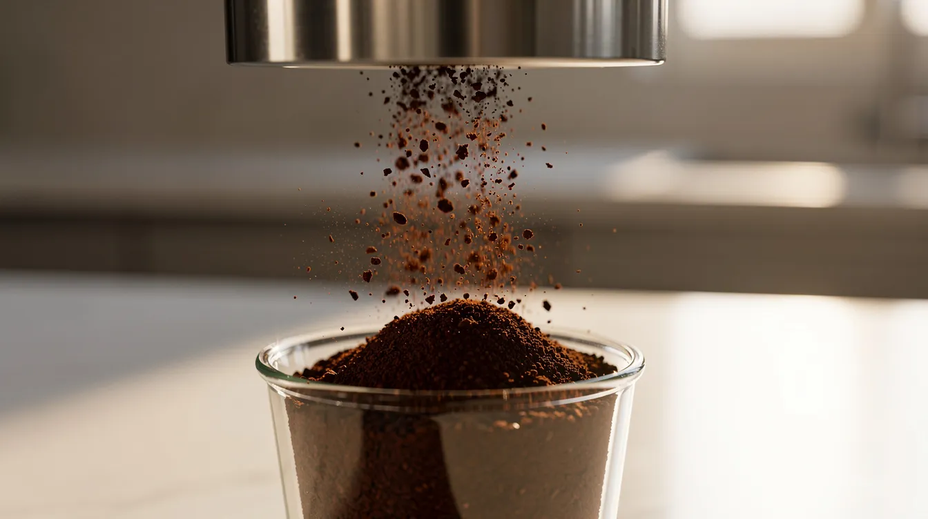 A close-up image shows freshly ground coffee particles cascading from a burr grinder into a glass catch cup, highlighting the consistency and quality of the grind, ideal for coffee lovers seeking the best coffee grinder for their brewing methods. The scene captures the essence of grinding coffee beans, emphasizing the importance of grind size for various brewing styles like espresso and pour over.