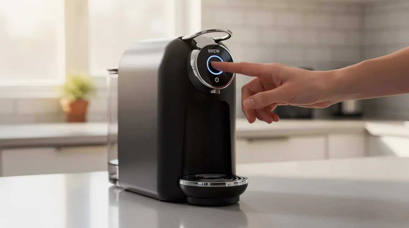 A hand is pressing the brew button on a modern single-serve coffee maker, ready to prepare a flavorful cup of coffee in a stylish kitchen. The sleek design of the coffee machine complements the contemporary decor, highlighting its role as one of the best single serve coffee makers for coffee lovers.