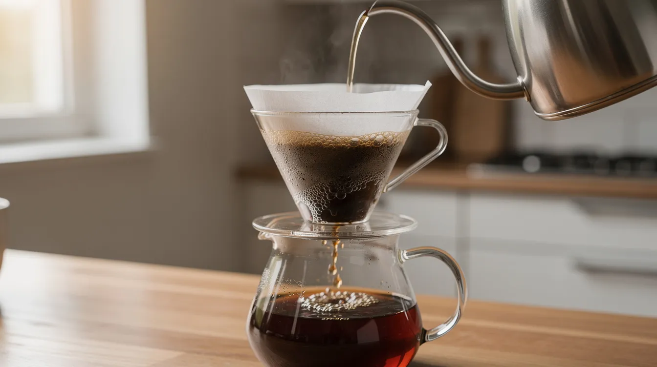 A glass pour-over coffee dripper sits on a kitchen counter as hot water is poured over ground Colombian coffee, showcasing the brewing method that highlights the rich flavors and bright acidity of the best Colombian coffee beans. The scene captures the aroma and anticipation of a freshly brewed cup, emphasizing the craft of coffee production.