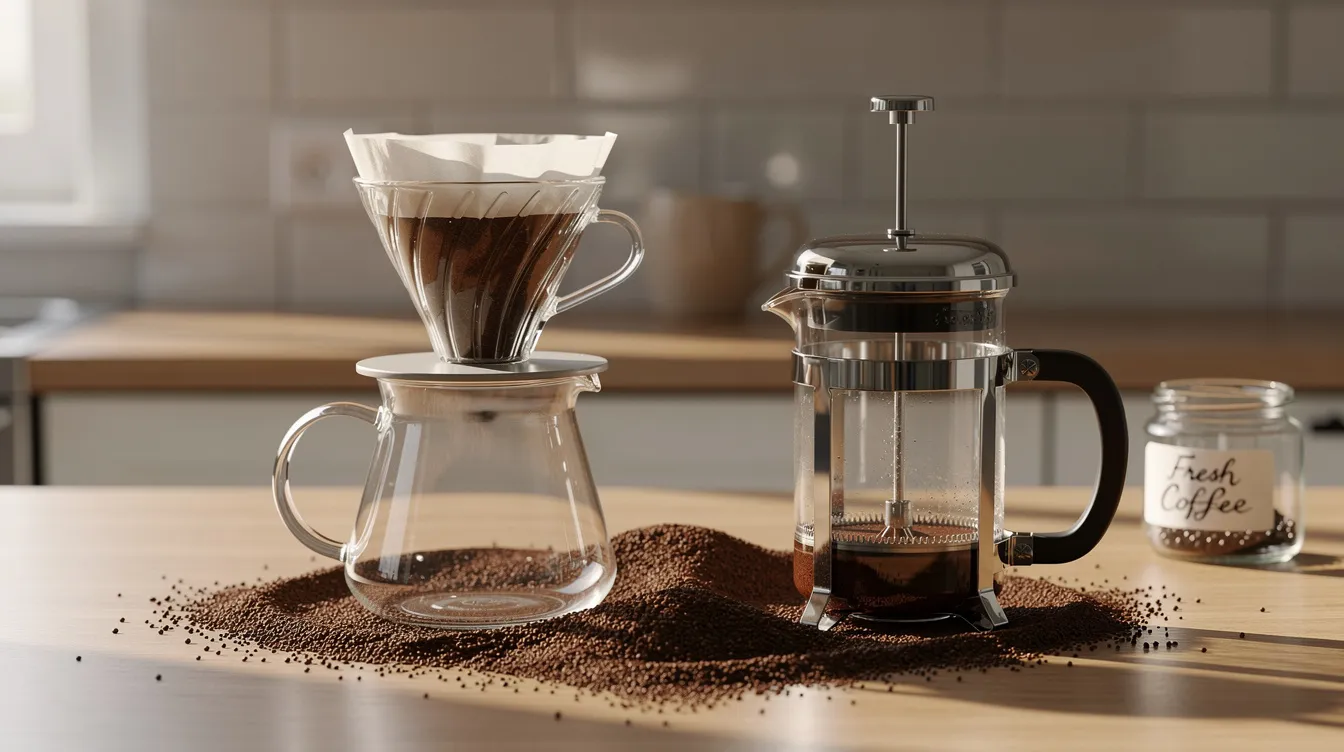 The image features a pour-over dripper and a French press placed side by side on a kitchen counter, with freshly ground coffee beans nearby, showcasing the rich flavors and aromas of Costa Rican coffee. This setup highlights the brewing methods that can bring out the delicious notes of single origin coffees from Costa Rica.