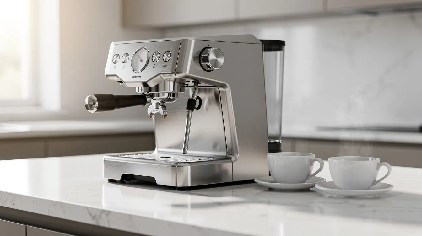 The image features a sleek modern espresso machine on a pristine kitchen countertop, accompanied by elegant ceramic coffee cups. This setup highlights the essence of a luxe café experience, perfect for brewing well-balanced drip coffee or a double espresso shot.