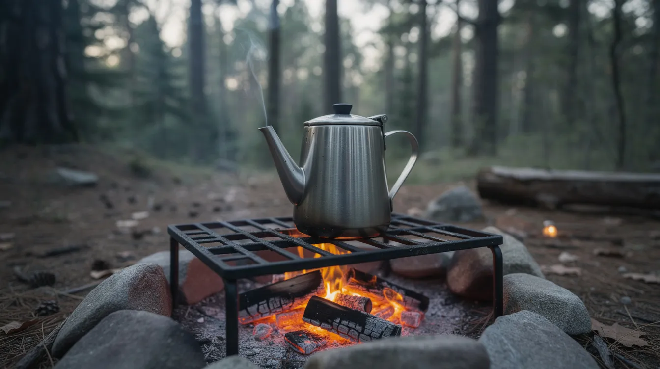 A camping percolator is positioned on a metal grate above glowing campfire coals, surrounded by a serene forest backdrop. This stovetop coffee percolator is ready to brew a strong cup of coffee, highlighting the rustic charm of outdoor coffee brewing.