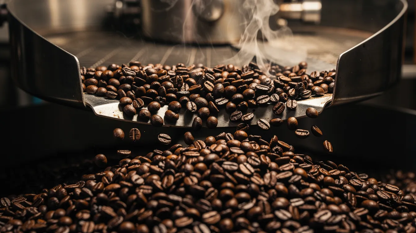 A close-up view captures dark roasted coffee beans tumbling out of a cooling tray, with visible wisps of steam rising from the freshly roasted beans. This image highlights the allure of specialty coffee, appealing to coffee lovers seeking high-quality, freshly roasted options for their morning cup.