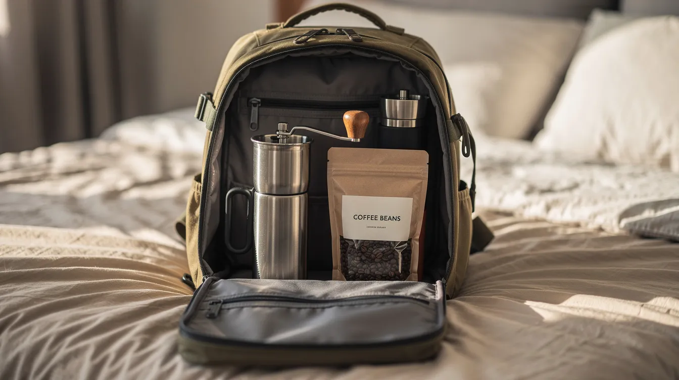 An open travel backpack rests on a bed, showcasing a compact coffee maker alongside a small hand grinder and a bag of coffee beans, perfect for brewing delicious coffee on the go. This setup is ideal for coffee lovers seeking a smooth cup using various brewing methods like the Aeropress.