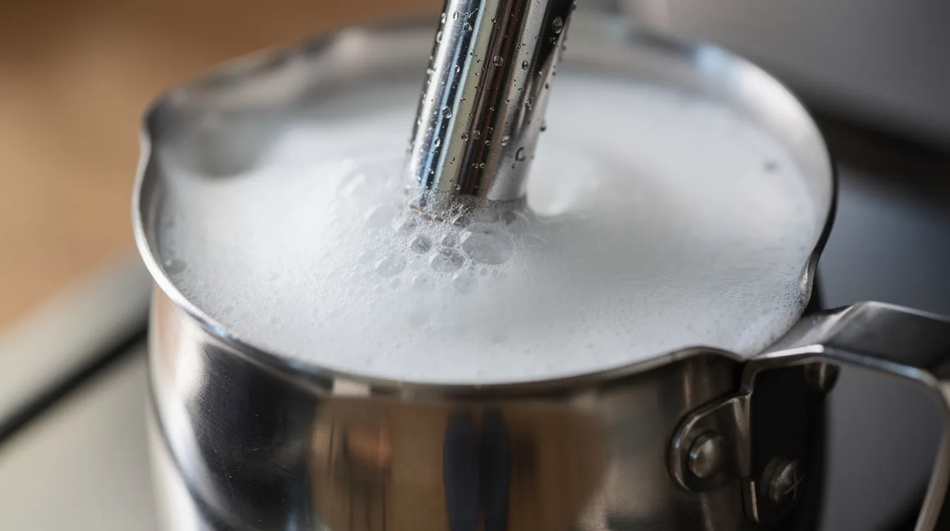 A close-up image shows a stainless steel steam wand frothing milk in a small metal pitcher, with creamy microfoam forming on the surface, ideal for creating milk drinks like lattes or cappuccinos. This scene highlights the process of milk steaming, which is essential for achieving espresso quality in home espresso machines like the Breville Bambino.
