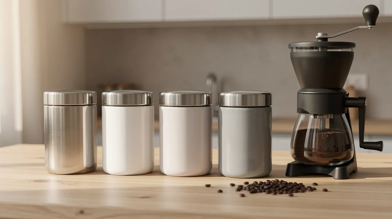 The image features several stainless steel and ceramic coffee canisters neatly arranged on a light wood kitchen counter, alongside a coffee grinder. These coffee storage containers are designed to keep coffee beans fresh, preserving their flavor and aroma in an airtight environment.