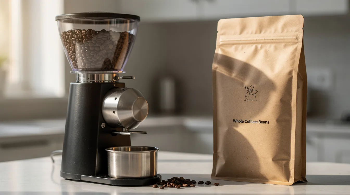 The image shows a conical burr grinder placed next to a bag of whole coffee beans on a kitchen counter, highlighting the essential tools for achieving a consistent grind quality in coffee brewing. The conical burrs of the grinder ensure uniform particle sizes, which is crucial for flavor clarity in various brew methods.
