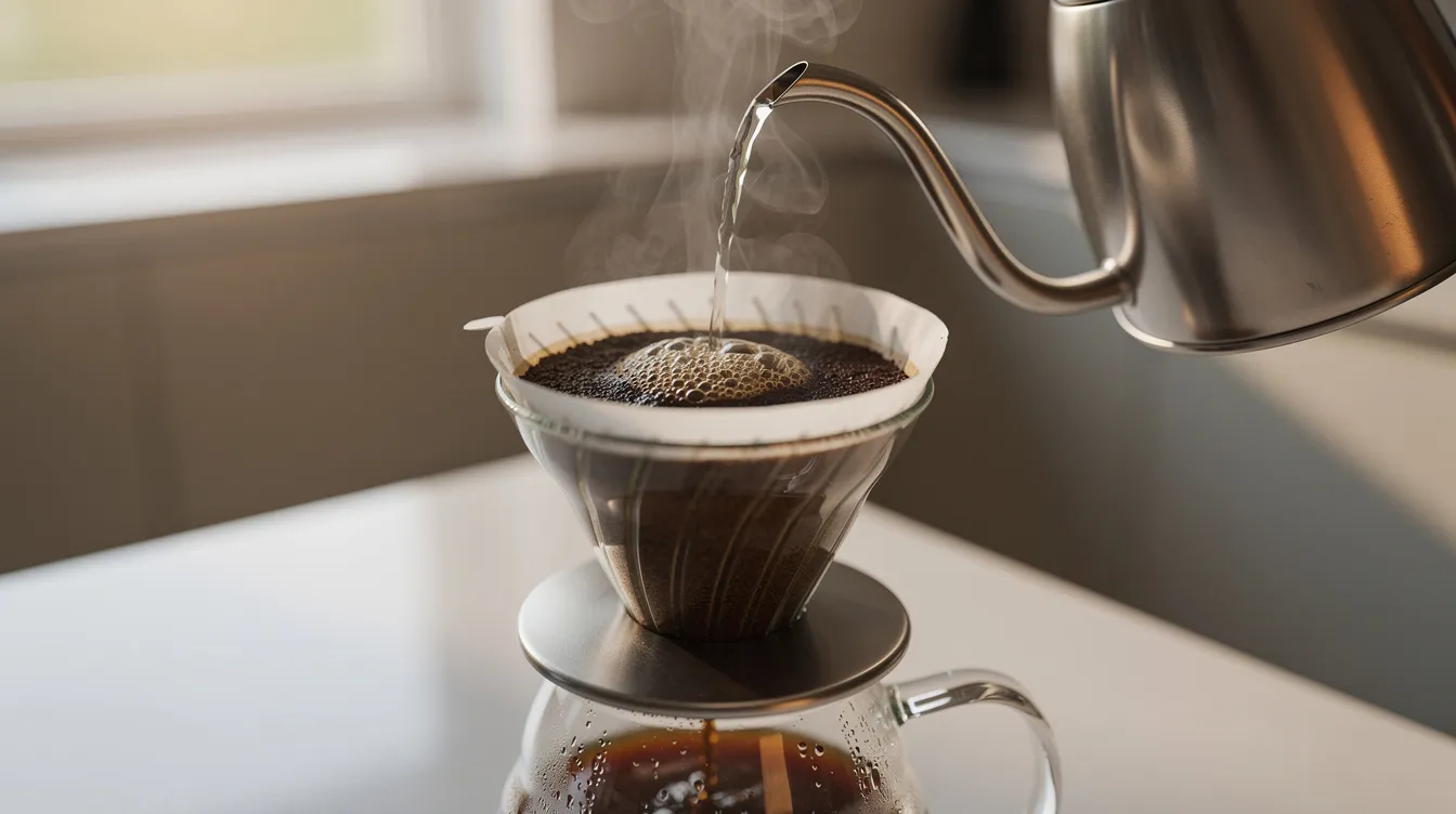 A pour-over coffee dripper sits on a kitchen counter as hot water is poured over freshly roasted coffee grounds, creating steam. The scene captures the essence of brewing a great cup of coffee, highlighting the ritual of using quality coffee beans for the perfect flavor profile.