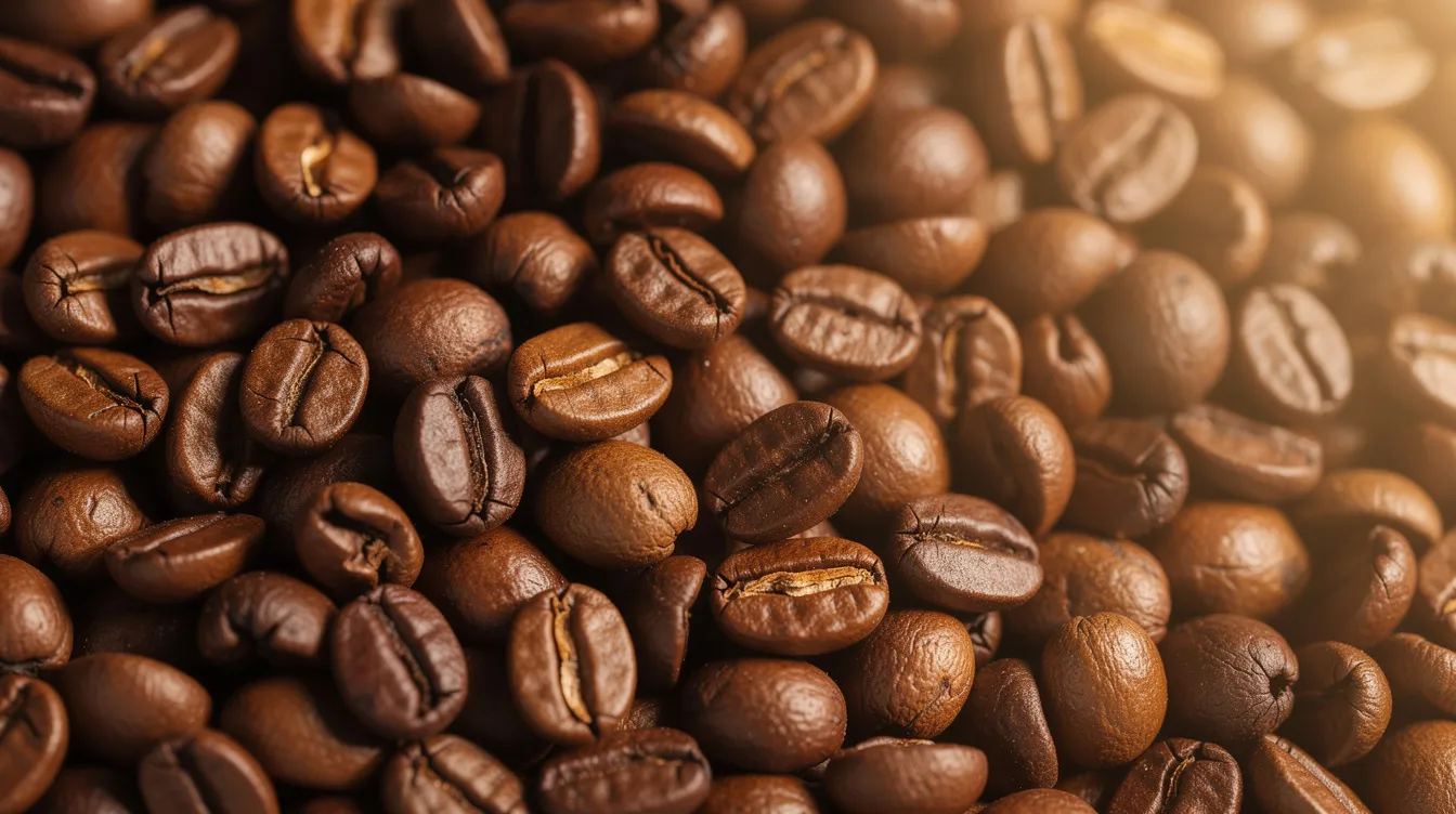 A close-up image of freshly roasted whole coffee beans showcases their rich, dark color and a slight natural oil sheen on the surface, indicating they are ideal for brewing espresso. These coffee beans, likely a blend from Central and South America, promise a balanced flavor with notes of dark chocolate and a velvety body, perfect for creating a genuinely good cup of espresso.
