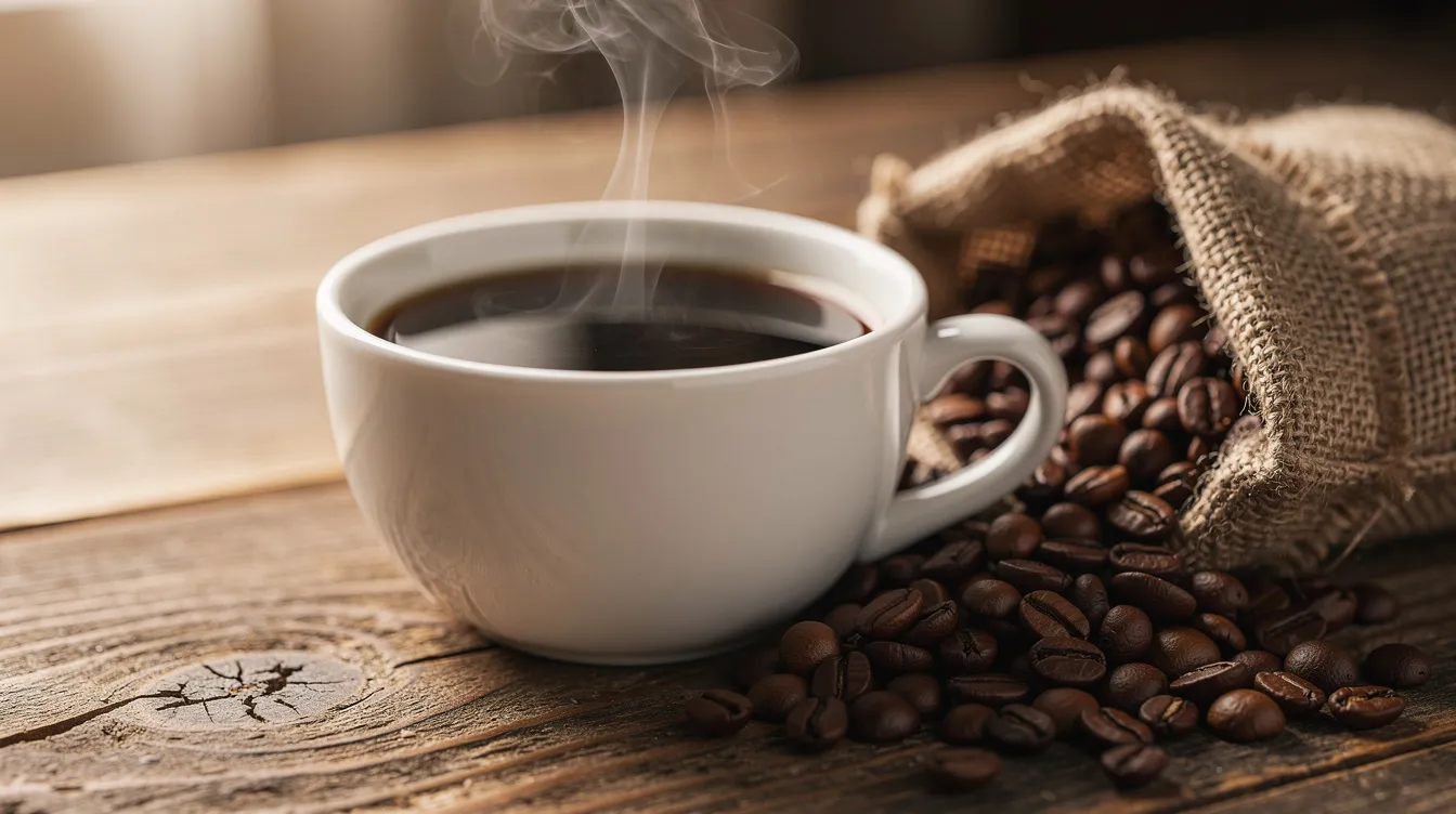 A freshly brewed cup of black coffee emits steam, resting on a wooden table beside a bag of whole coffee beans, highlighting the essence of good coffee. This scene captures the warmth and inviting aroma that coffee drinkers cherish, perfect for those who appreciate the brewing process.