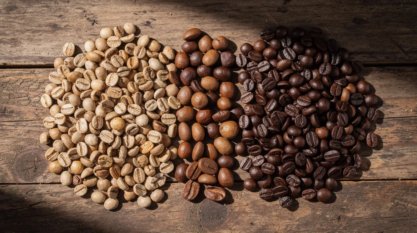 The image displays an assortment of coffee beans laid out on a wooden surface, showcasing light, medium, and dark roast levels side by side. Each roast level highlights the different flavor profiles and aromas, inviting coffee lovers to explore the nuances of roasted coffee.