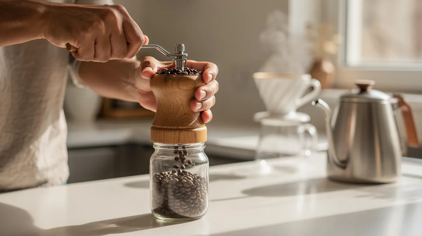A person is using a manual coffee grinder on a kitchen counter, with a ceramic pour over dripper and kettle visible in the background. The scene highlights the process of hand grinding coffee beans, emphasizing the importance of grind consistency for optimal brew quality.