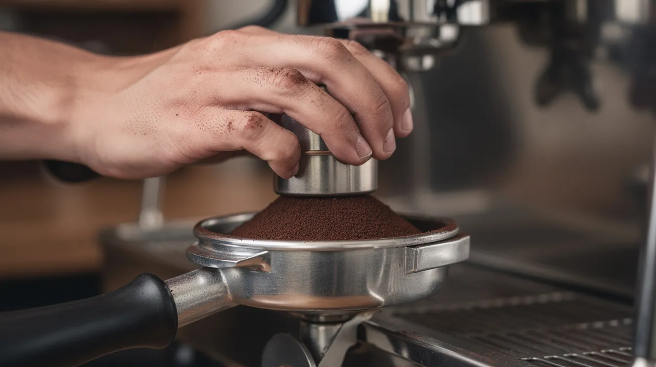 A close-up image shows a barista's hand using an espresso tamper to press down on a portafilter basket filled with finely ground coffee. This action is part of the espresso preparation process, ensuring a perfectly level tamp for consistent results in brewing.
