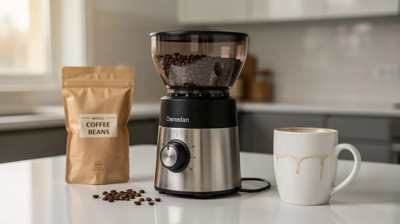 An electric conical burr grinder is positioned on a kitchen counter beside a bag of whole coffee beans and a ceramic mug, showcasing a perfect setup for coffee lovers who appreciate grind consistency and quality. This budget coffee grinder is ideal for achieving the right grind size for various brewing methods, from espresso to French press.