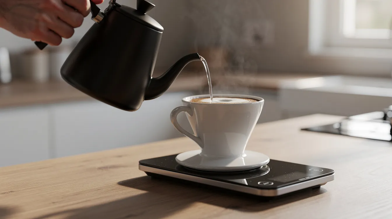 A hand is pouring hot water from a gooseneck kettle into a ceramic pour-over dripper, which is placed on a coffee scale on a countertop. The scale features a digital display, likely used to measure the precise water weight for brewing pour over coffee.