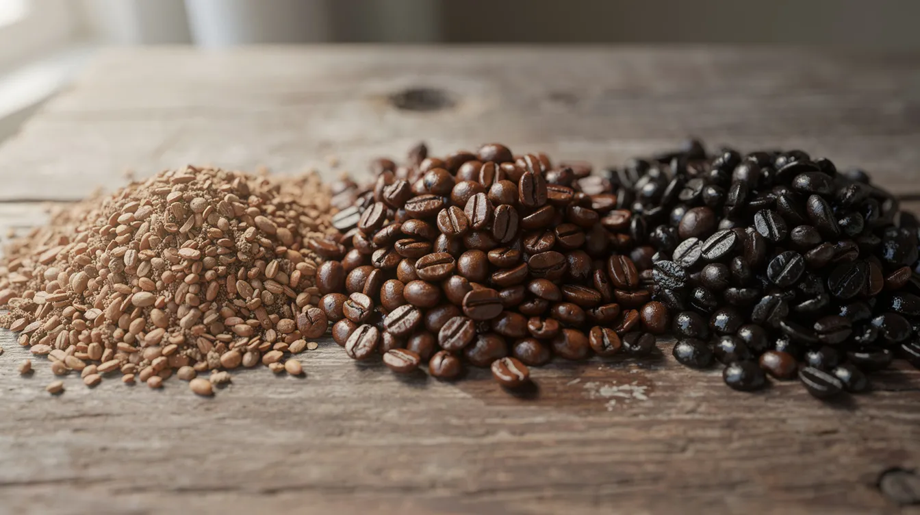 A close-up image showcases four distinct piles of roasted coffee beans on a wooden surface, highlighting their varying sizes and colors. The assortment includes arabica and robusta beans, each representing different coffee varieties favored by coffee enthusiasts for their unique flavor profiles.