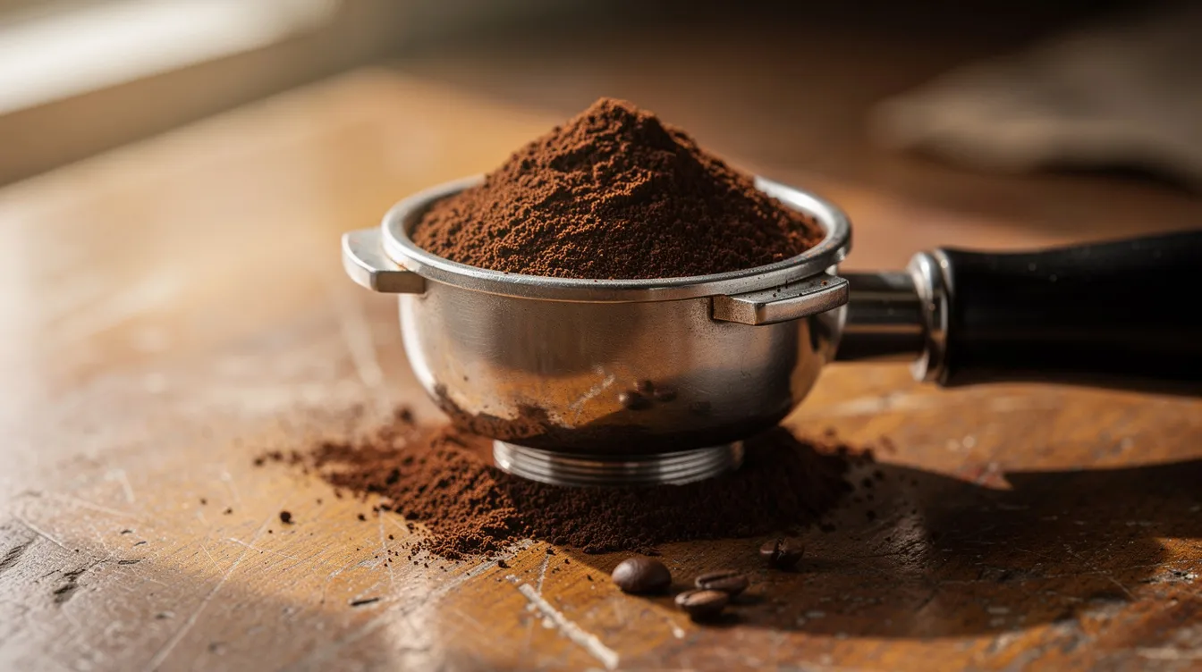 The image shows a portafilter basket filled with freshly ground coffee, surrounded by a few scattered coffee grounds on a wooden surface, highlighting the grind quality and consistency essential for espresso enthusiasts. This scene captures the essence of the grinding process, important for coffee lovers seeking the best coffee grinder for their brewing needs.