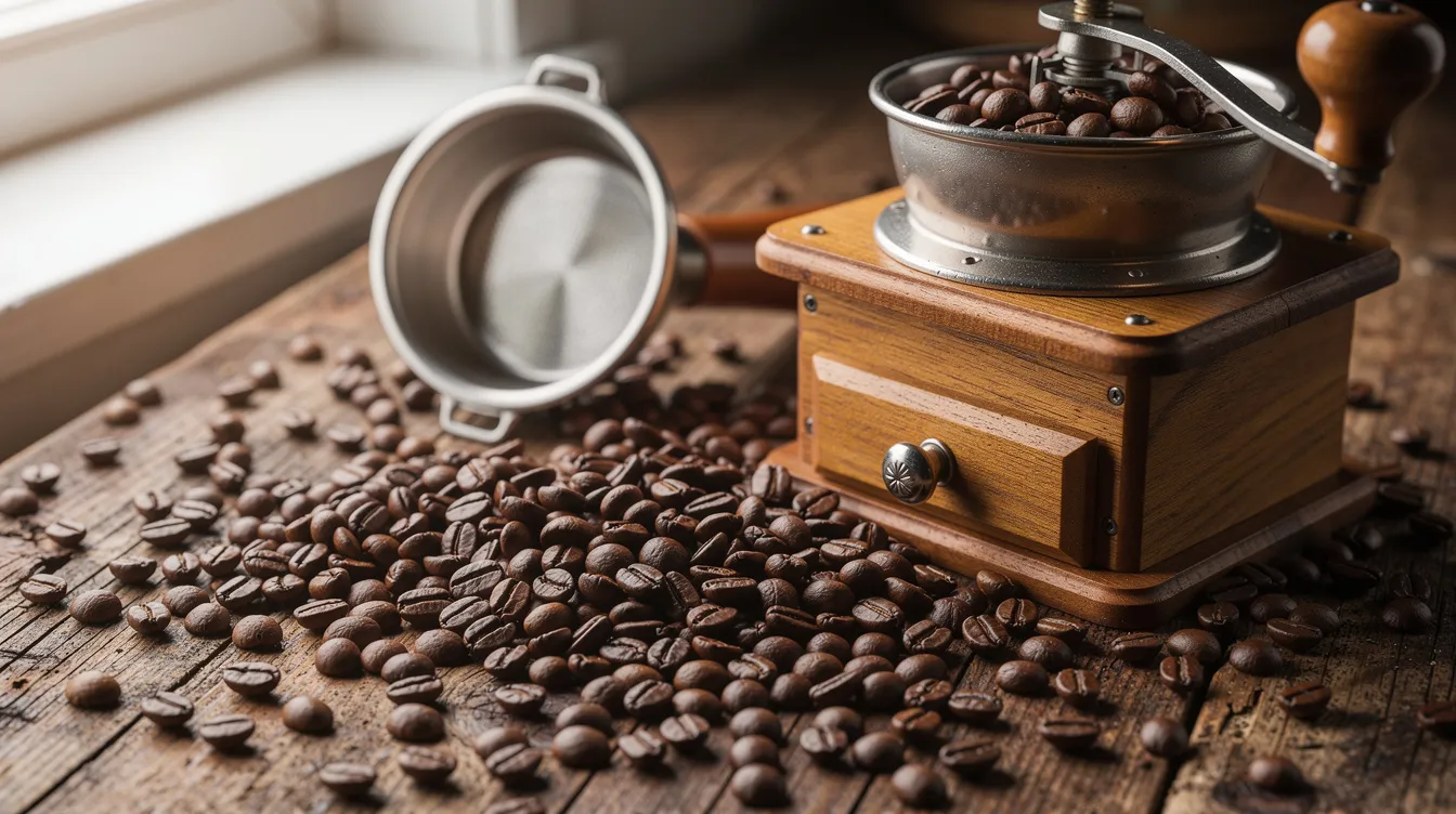 The image features whole coffee beans scattered on a rustic wooden surface, accompanied by a manual hand grinder and a portafilter basket, ideal for coffee drinkers who appreciate the brewing process. This setup highlights the essentials for crafting quality espresso at home, appealing to espresso enthusiasts and latte lovers alike.