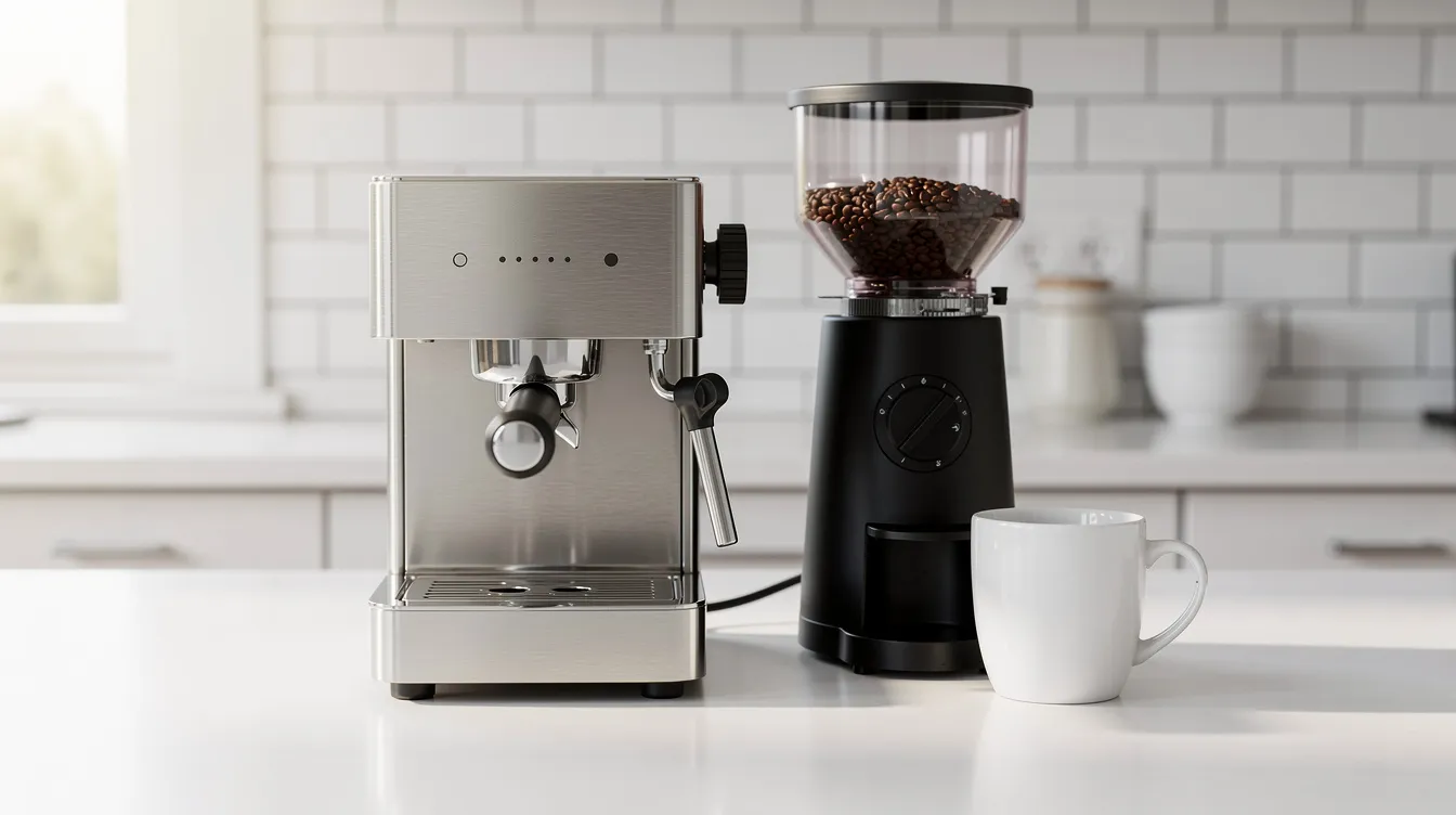 The image features a compact stainless steel espresso machine, specifically the Breville Bambino Plus, placed on a clean white kitchen countertop. Next to it, a coffee grinder and a ceramic mug are visible, creating an inviting setup for brewing cafe-quality espresso at home.