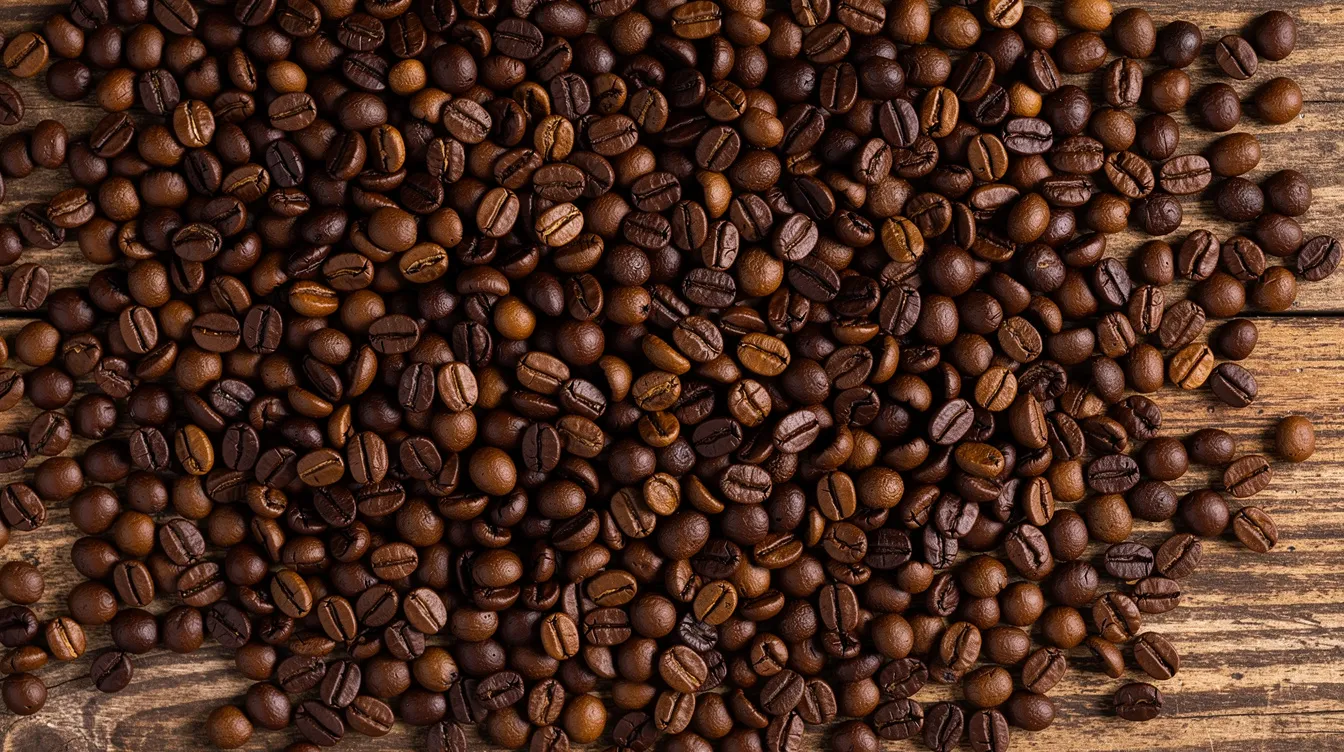 A close-up overhead view showcases freshly roasted dark brown coffee beans spread across a rustic wooden surface, highlighting the rich color and texture that coffee lovers appreciate. These Kenyan coffee beans promise a flavorful cup with their complex flavor profile and deep, robust notes, perfect for specialty coffee enthusiasts.