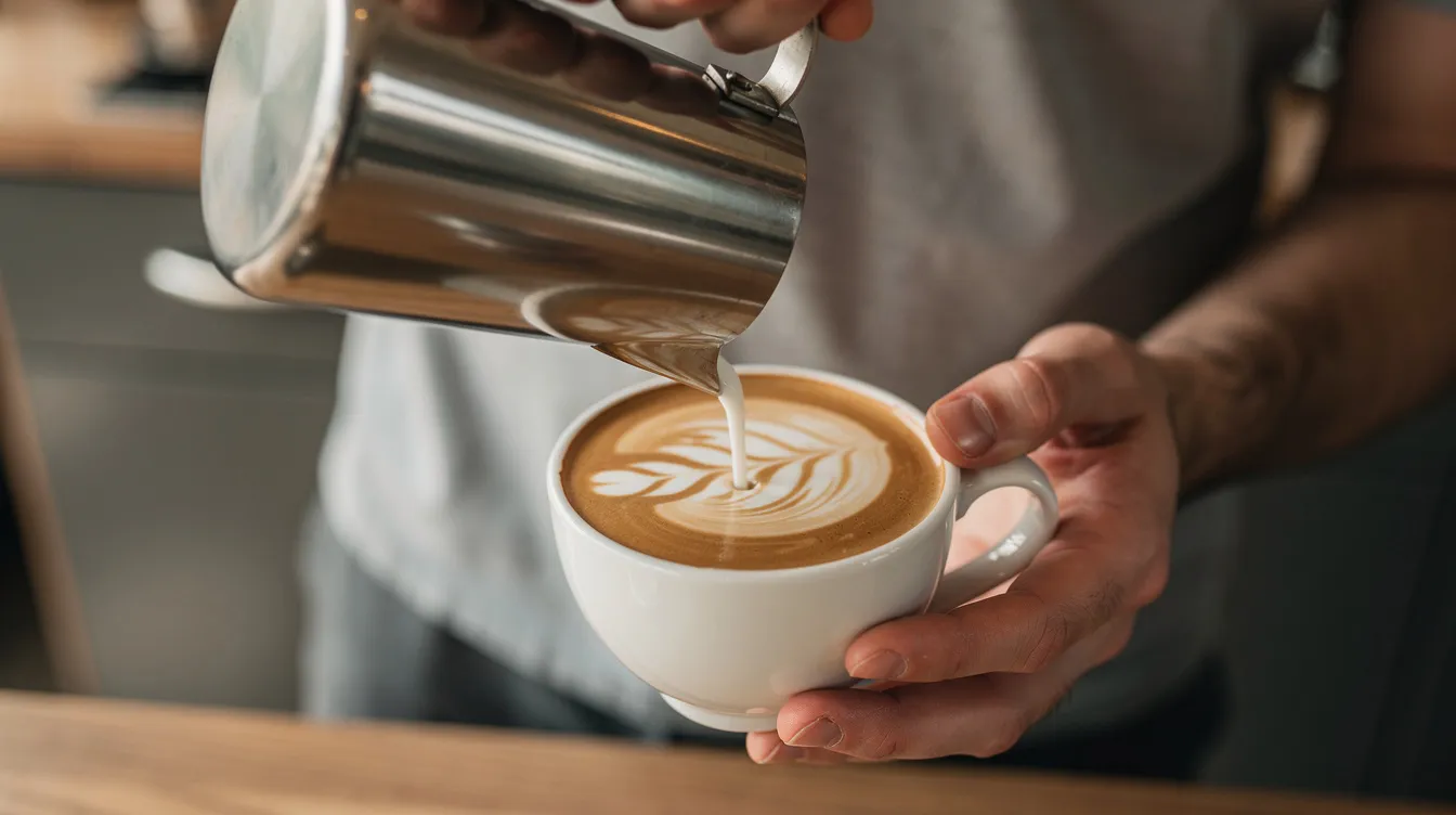 A barista skillfully pours steamed milk from a stainless steel pitcher into a white ceramic cup, creating an intricate latte art rosetta pattern. The scene captures the artistry of coffee making, showcasing essential espresso accessories and the precision involved in crafting the perfect shot.