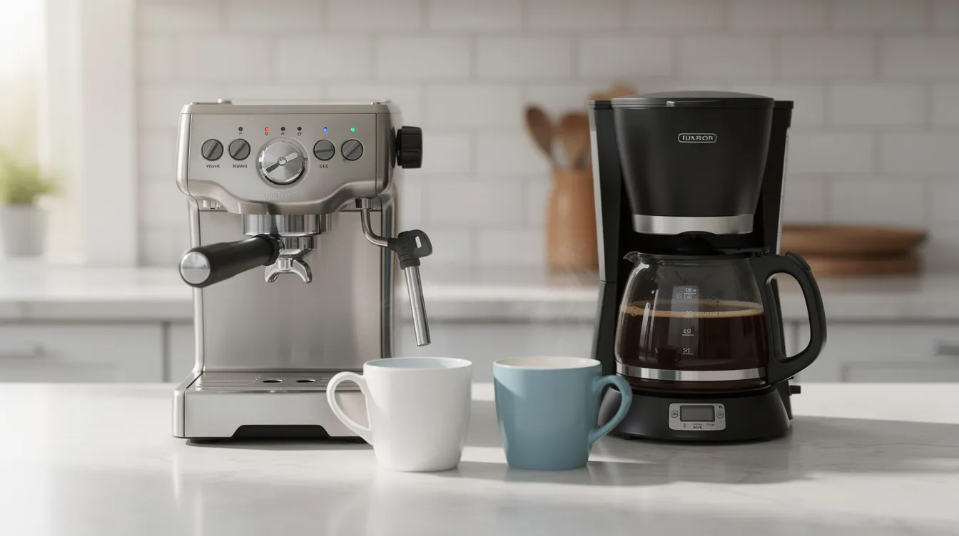 An espresso machine and a drip coffee maker are positioned side by side on a clean kitchen countertop, with mugs nearby ready for brewing. The espresso machine is designed for making concentrated shots of coffee, while the drip coffee maker is ideal for brewing larger batches of traditional coffee.