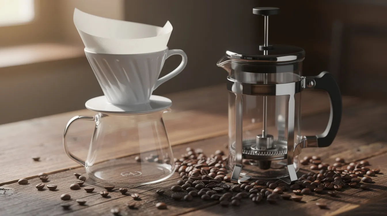 The image shows a ceramic pour-over dripper with a paper filter positioned next to a glass French press, both resting on a wooden table adorned with scattered coffee beans. This setup highlights different coffee brewing methods, showcasing the manual pour-over and the French press, popular choices among coffee drinkers for producing freshly brewed coffee.