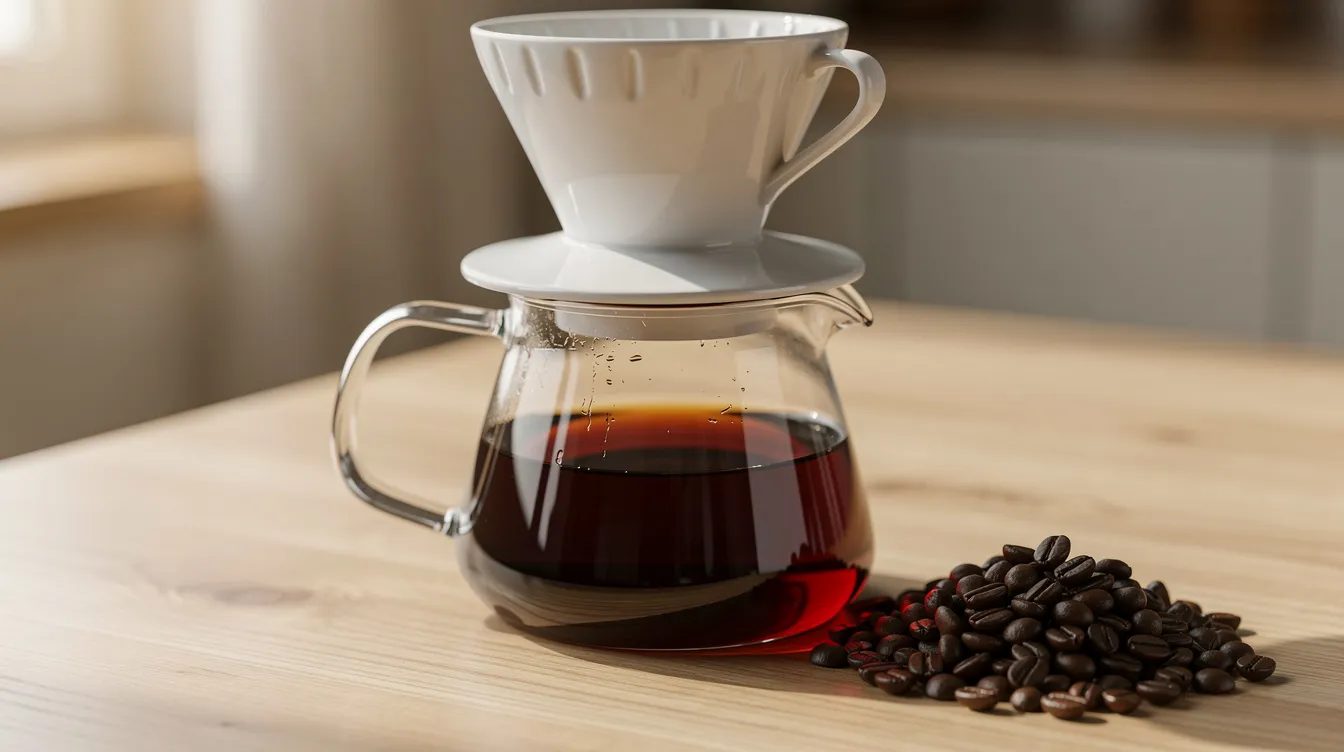 The image features a pour-over dripper placed atop a glass carafe, with a small pile of whole roasted coffee beans beside it on a light wooden table. This setup is perfect for coffee drinkers looking to enjoy the rich flavors of decaf coffee, showcasing the brewing process that enhances the taste of high-quality coffee beans.