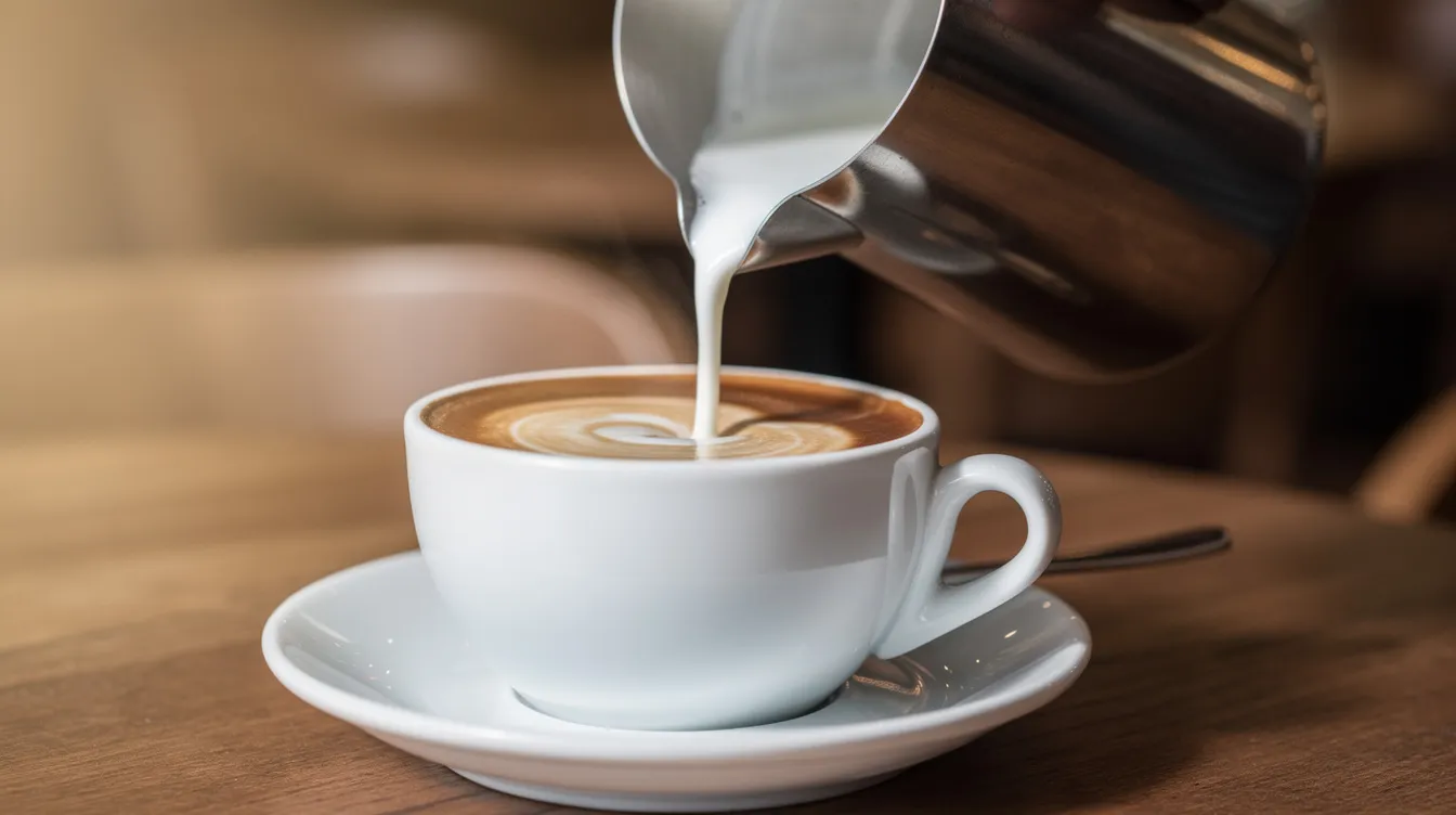A stainless steel pitcher is pouring steamed milk into a cappuccino cup filled with a rich espresso shot, creating a creamy milk foam on top. This image captures the essence of a milk-based drink that many coffee lovers enjoy, showcasing the artistry of crafting the perfect cappuccino.