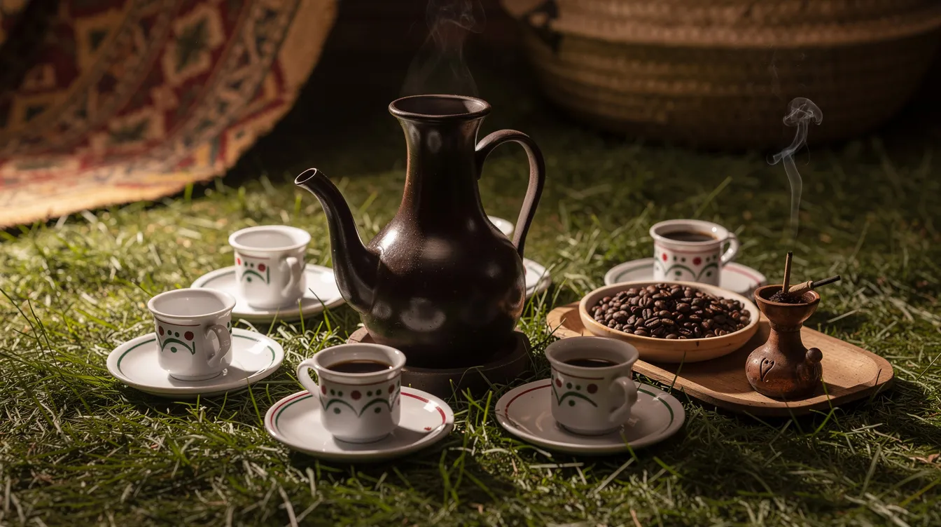 The image depicts a traditional Ethiopian coffee ceremony setup featuring a clay jebena pot and small cups arranged on a grass mat, highlighting the rich history of coffee culture in Ethiopia. This ceremonial display reflects the deep-rooted coffee consumption practices that originated in ancient coffee forests.