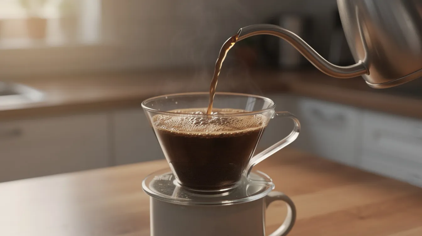 A narrow-spouted kettle pours hot water in a slow circular stream into a classic Chemex coffee maker filled with coffee grounds, showcasing the brewing process of pour-over coffee. The clear borosilicate glass highlights the rich coffee extraction as it begins to drip into the carafe below.