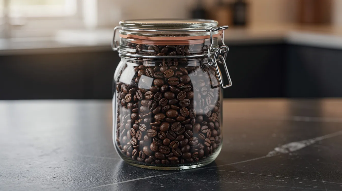A glass airtight container filled with whole coffee beans sits on a dark kitchen countertop, showcasing a selection of freshly roasted coffee beans that promise peak flavor and freshness for brewing. The container highlights the importance of proper storage for maintaining the quality of the best whole bean coffee.