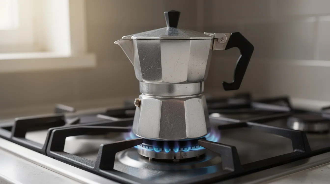 A small aluminum moka pot sits on a gas burner, with a gentle blue flame flickering beneath it, ready to brew rich moka pot coffee. The scene captures the essence of stovetop espresso making, highlighting the traditional method of extracting concentrated coffee.