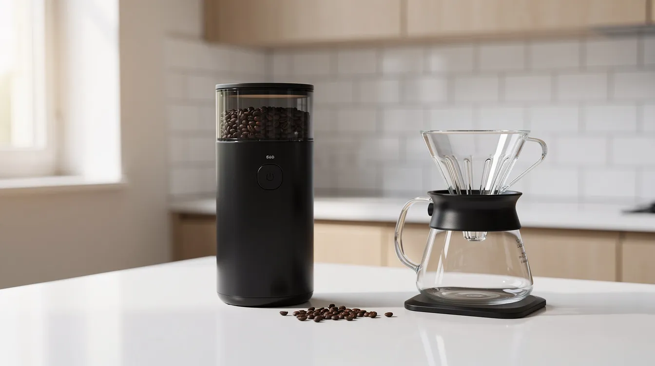 A modern matte black electric coffee grinder is positioned on a clean kitchen counter, next to a pour-over dripper, showcasing its sleek design. This burr coffee grinder is perfect for coffee lovers seeking a consistent grind quality for various brewing methods, including pour-over and espresso.